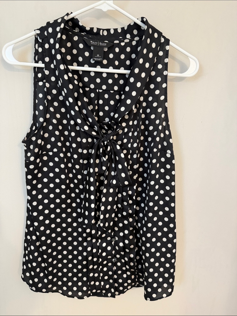 White House Black Market Black & White Polka Dot Tie-Neck Sleeveless Top